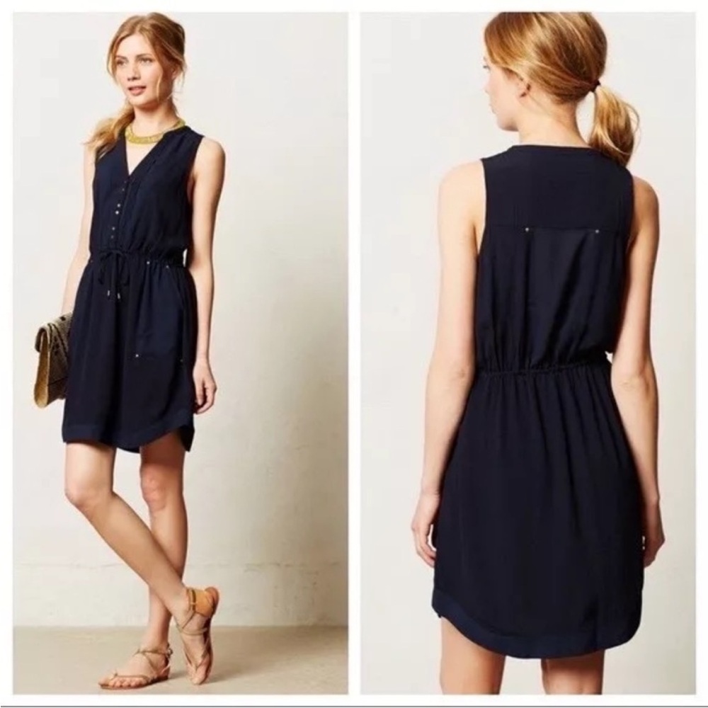 Anthropologie Navy Sleeveless Drawstring Mini Dress